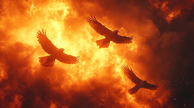 Group of fiery falcons soaring across the molten sky teamwork brave concept
