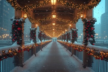 decorated pedestrian bridge with glowing holiday lights and garlands framed by snow-covered railings and softly lit