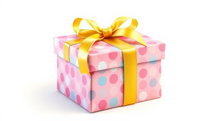 Obraz premium A pink polka dot gift box tied with a golden ribbon, a symbol of celebration and surprise