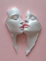 A pair of lips, white porcelain, broken and broken in half, made by AI