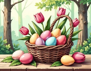 Naklejka premium Rustic Easter Basket with Pastel Eggs and Pink Tulips on Wooden Table
