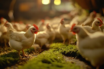 White chickens in a coop at night.