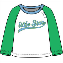 CONTRAST FULL SLEEVE RAGLAN TEE SHIRT WITH CONTRAST CREW NECK AND LITTLE STAR TYPOGRAPHY DESIGN FOR BABY AND TODDLER BOYS IN VECTOR ILLUSTRATION