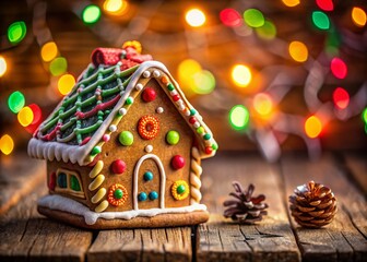 Festively Decorated Gingerbread House Cookie with Colorful Icing and Candies, Perfect for Holiday Baking and Winter Celebrations, Set Against a Soft Focus Background
