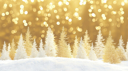 White Christmas trees in the snow against a golden background with bokeh lights and sparkles.