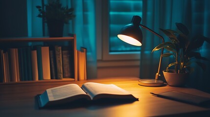 Open book illuminated by desk lamp at night, beside plants and bookshelves.