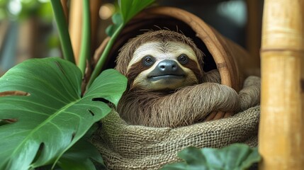 Fototapeta premium A relaxed sloth enjoys a tranquil moment while surrounded by lush greenery and natural textures