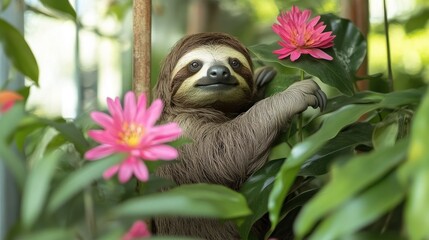 Fototapeta premium A sloth calmly embraces a leafy branch surrounded by colorful blooms, bathed in sunlight