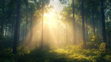 Sunlight Rays in Green Forest