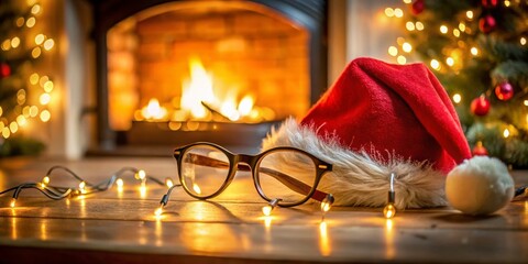 Festive Santa Claus Hat and Glasses on a Cozy Fireplace Mantel with Christmas Decorations, Evoking a Joyful Holiday Atmosphere for Seasonal Celebrations and Gatherings