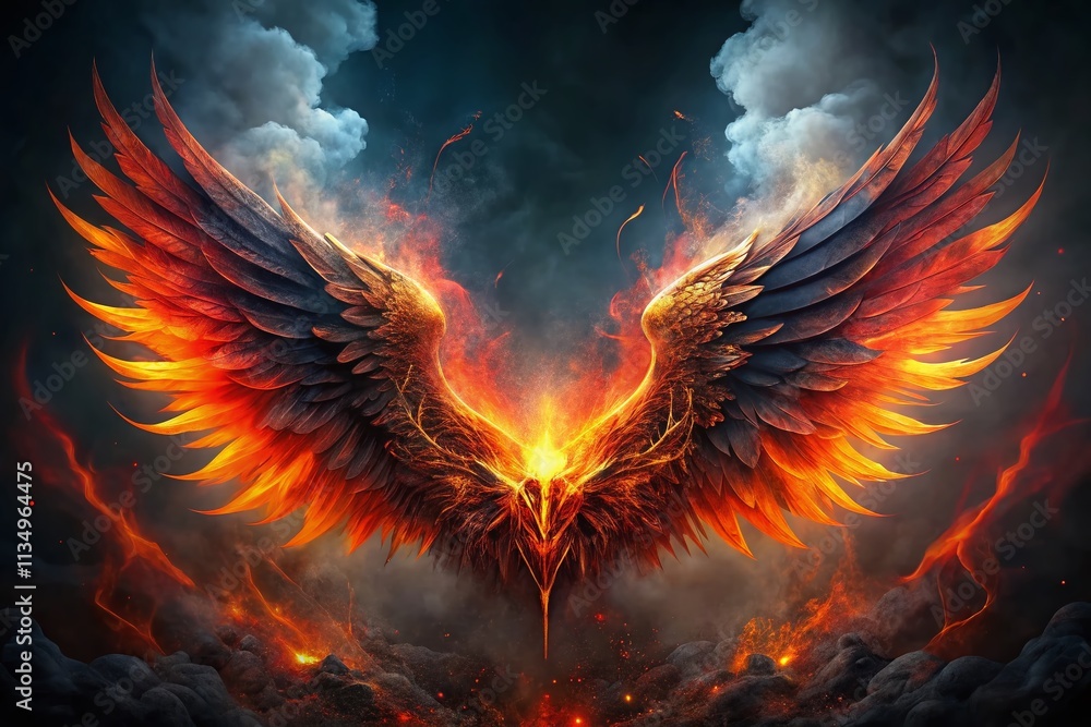 Poster fiery abstract art with infernal wings capturing the essence of passion and power in a bold composit