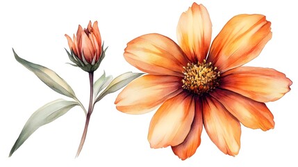Fototapeta premium Beautiful watercolor illustration of an orange flower and a budding flower with delicate leaves isolated on a white background ideal for decorative designs and floral themes.