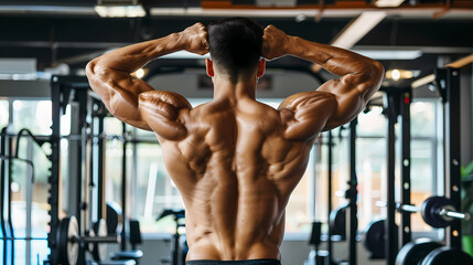 Sculpted Back Muscles: A rear view of a muscular man showcasing his highly defined back muscles in a gym setting. The image emphasizes the results of intense training and dedication. 