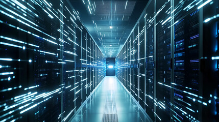 Fototapeta premium Shot of Corridor in Working Data Center Full of Rack Servers and Supercomputers with Internet connection, Generative AI