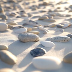 Smooth Pebbles Scattered on Sandy Beach,Tranquil Natural Landscape