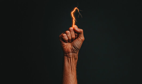 Empowered Hand Holding Lightning Bolt: Symbol of Determination, Energy, and Strength in Dynamic Illustration Capturing the Essence of Electric Power and Force