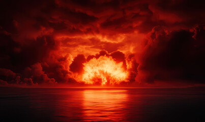 Fiery Explosion at Sea: A Dramatic Sky Displays Intense Colors and Majestic Scenery Reflecting on Calm Ocean Waters with Striking Clouds