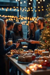 Coworkers enjoying christmas buffet dinner party with sparkling lights and christmas tree