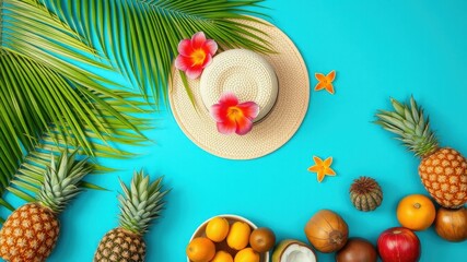 Tropical Summer Flat Lay Featuring Palm Leaves, Straw Hat, Pineapple, Citrus Fruits, and Exotic Flowers