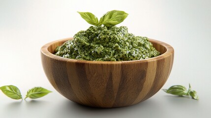 Wooden Bowl Filled with Fresh Green Pesto Sauce and Basil Leaves