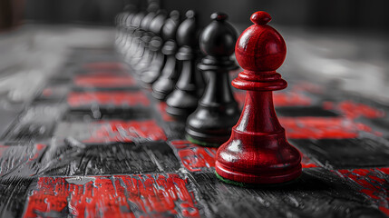 Red Bishop vs Black Pawns: A single, bold red chess bishop stands defiantly before a line of black pawns on a richly textured chessboard, creating a dramatic visual metaphor for strategy, challenge.