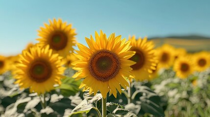 Obraz premium Vibrant sunflowers in a field under a clear sky.