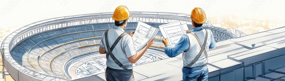 Poster two workers in hard hats review construction plans for a large stadium, surrounded by scaffolding an