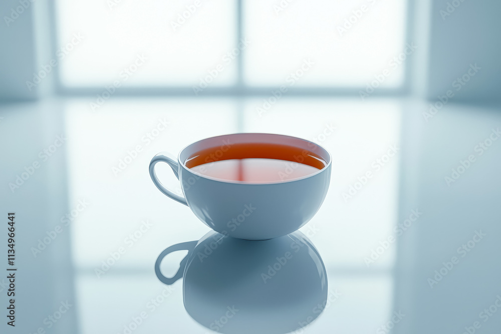 Poster white cup of tea sits on a table in a room with a window. the sunlight is shining on the cup, creati