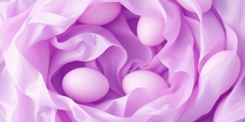 Fototapeta premium A soft, delicate arrangement of eggs nestled in a swirling mass of vibrant, purple fabric.
