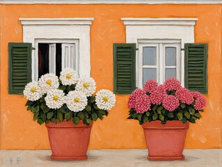 Orange House with Window Boxes and Blooming Flowers