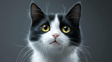 Portrait of a cute black and white kitten with beautiful eyes and furry whiskers
