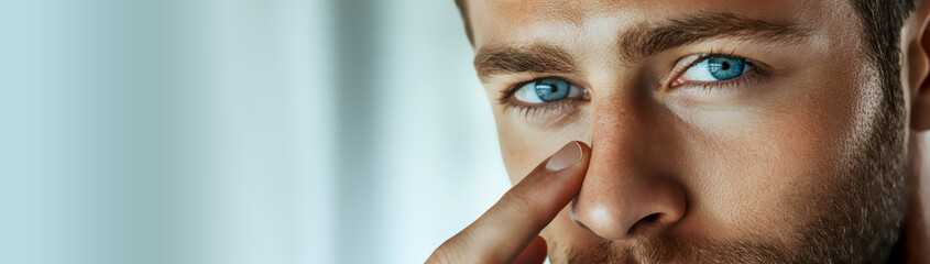 Fototapeta premium Cropped portrait of man with intense blue eyes touching his nose bridge against light background. Inserting a corrective contact lens. Generative AI.