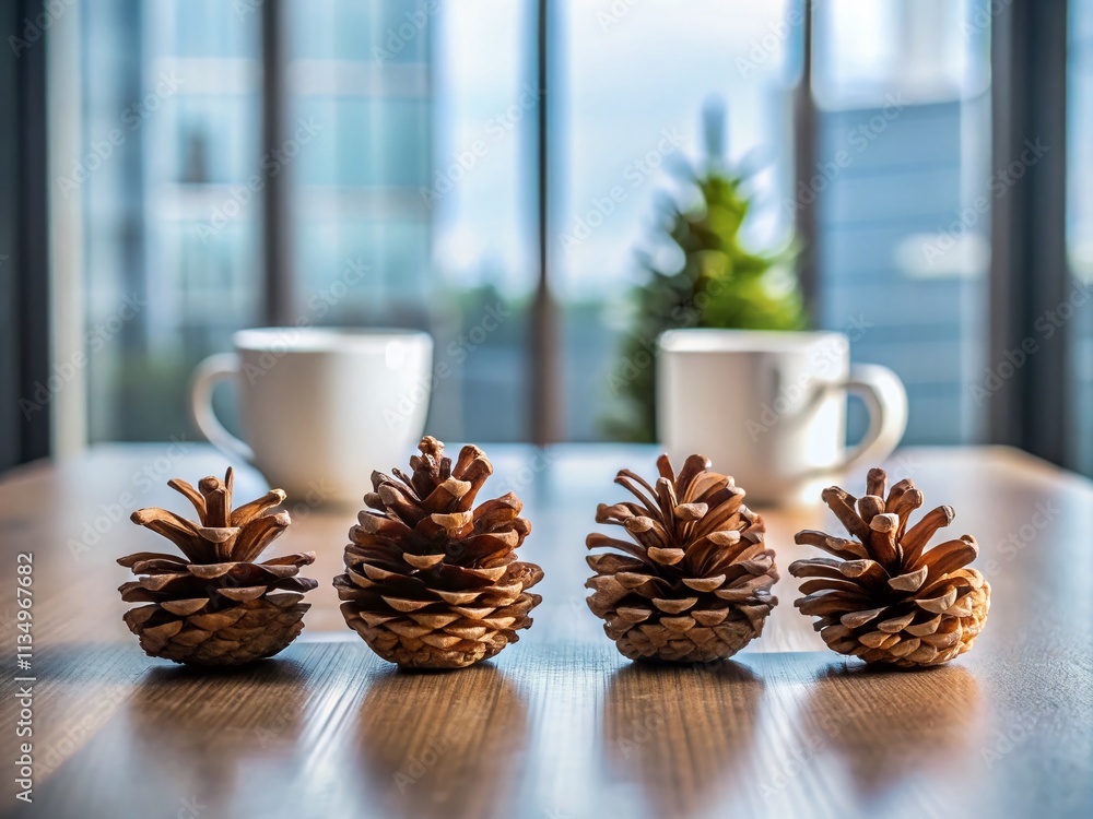 Poster four brown cones aligned in a cross shape next to a white cup on an office desk with ample empty cop
