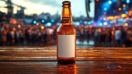 A cold beverage rests on a wooden table as evening fun unfolds in the background