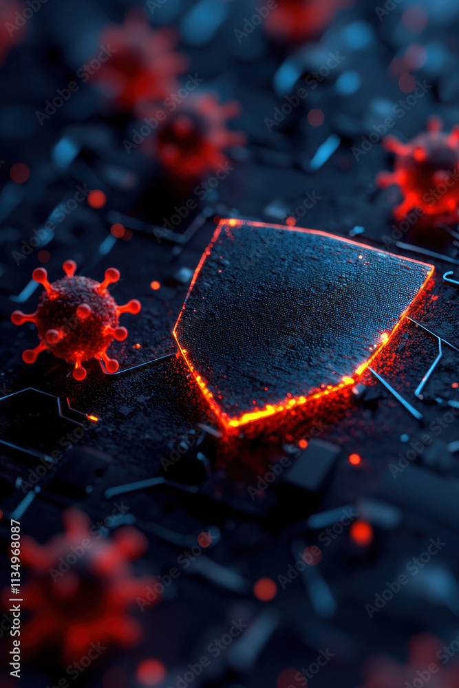 Poster cutting-edge cybersecurity shield conceptualizes virus protection in advanced digital networks