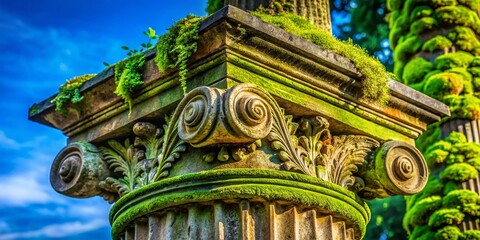 Fototapeta premium Fragment of an Ancient Column Surrounded by Lush Greenery, Captured in Panoramic Photography Showcasing the Beauty of Historical Architecture and Nature's Harmony