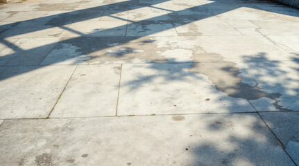 Geometric shadows cast dramatic diagonal patterns on textured concrete patio surface during bright daylight, creating minimalist architectural abstract design