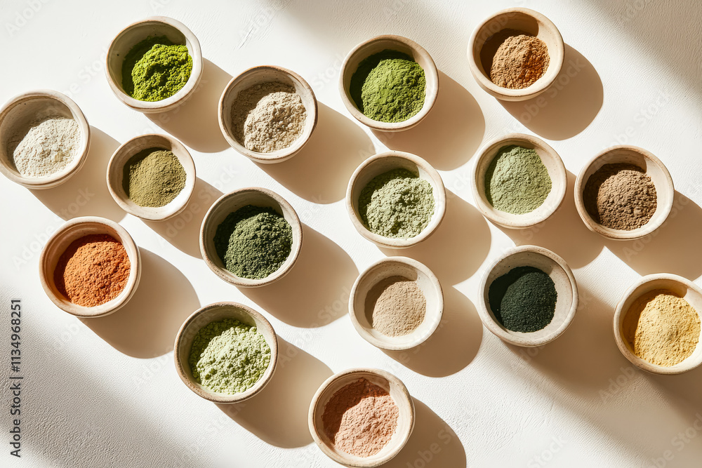 Poster row of bowls filled with various spices and herbs. the bowls are arranged in a line, with some bowls