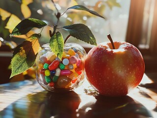 Vibrant Apple and Colorful Candies in Glass Bowl on Wooden Table