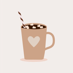cup with a heart with chocolate and marshmallows in brown tones