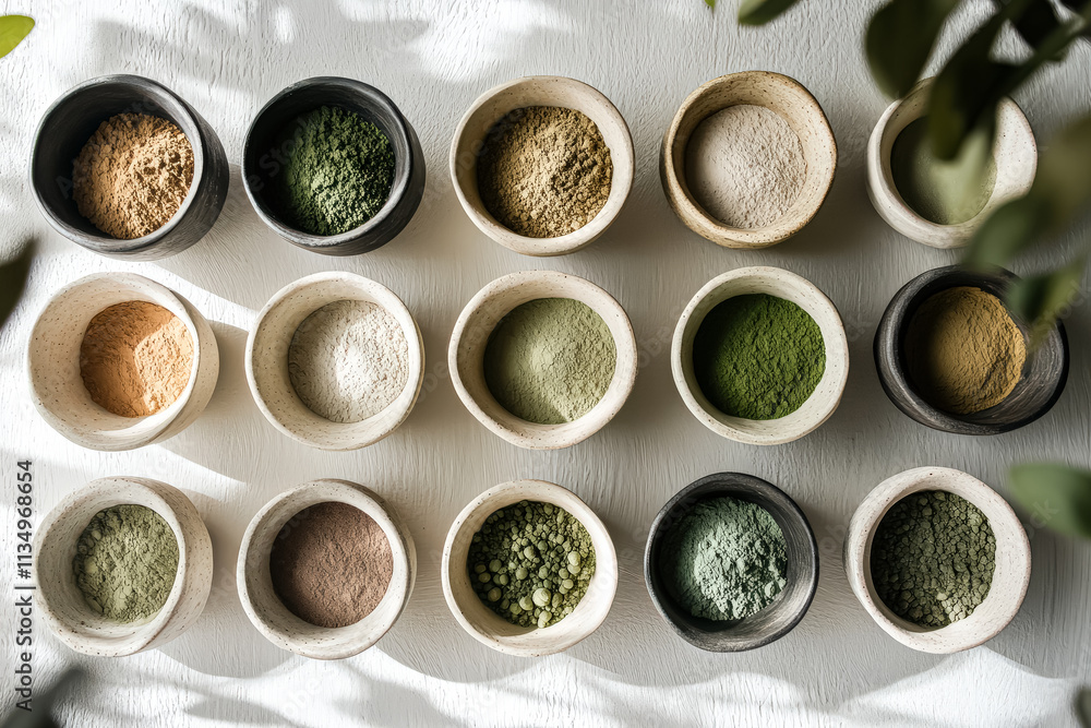 Poster row of bowls filled with various spices and herbs. the bowls are arranged in a line, with some bowls
