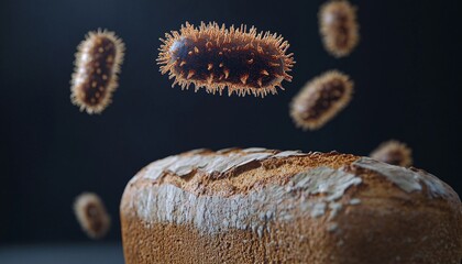 Bacteria hologram floating over bread, highlighting the dangers of contamination in food.