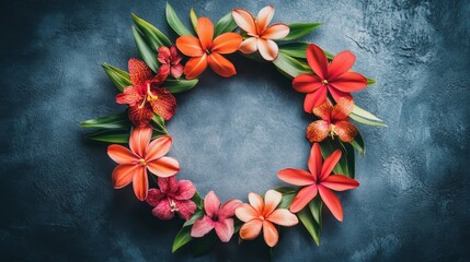 Vibrant tropical flowers arranged in a circular wreath design