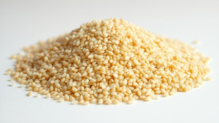 A pile of sesame seeds, the small white seeds of the Sesamum indicum plant, a flowering plant in the family Pedaliaceae
