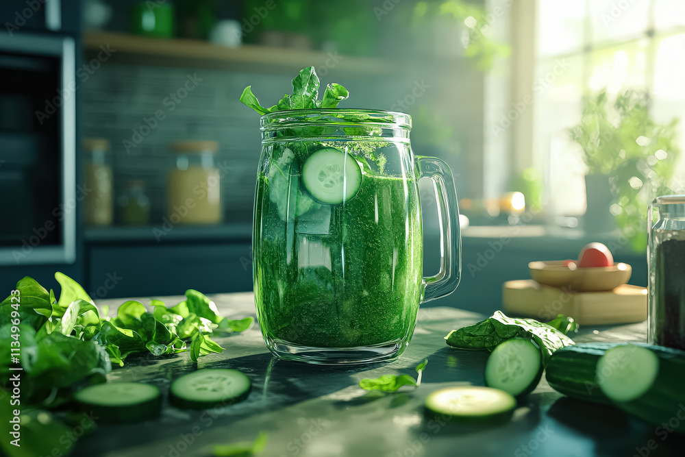 Aufkleber glass of green juice with cucumber slices in it. the juice is served in a glass pitcher on a counter