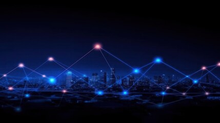 Futuristic Urban Landscape with Data Visualization and Network Connections Illustrating Modern City Connectivity at Night
