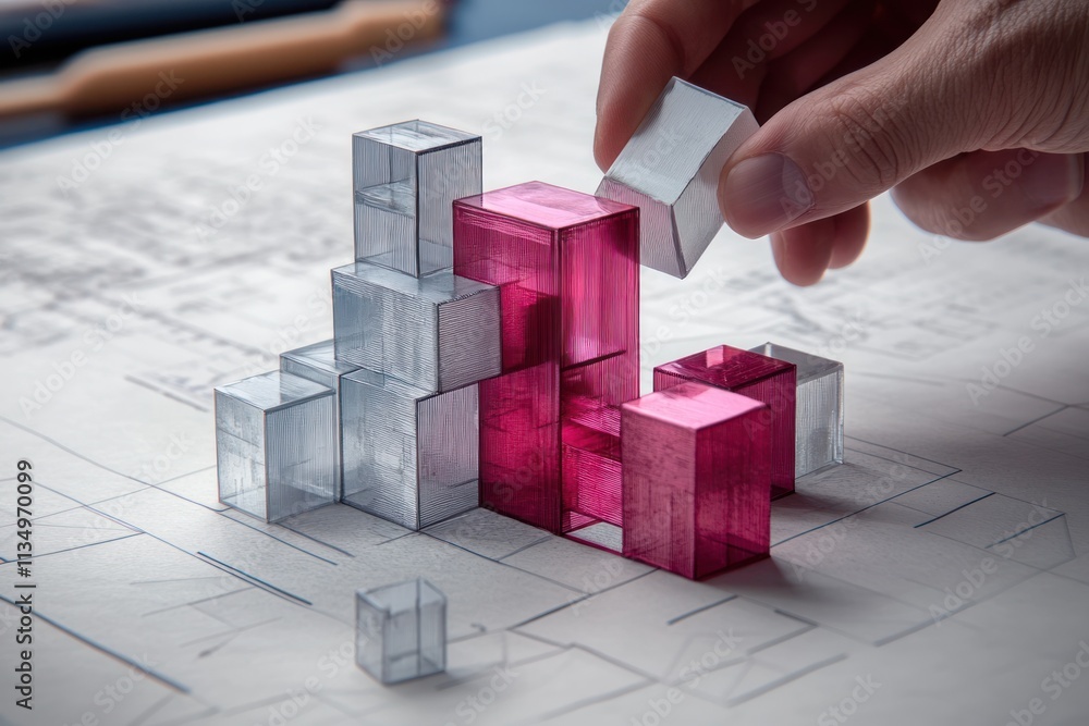 Poster hand placing translucent blocks forming a graph on blueprints.