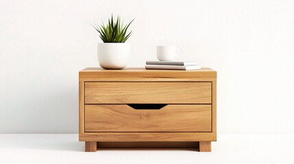 Minimalistic Wooden Nightstand Design with Plant and Accessories