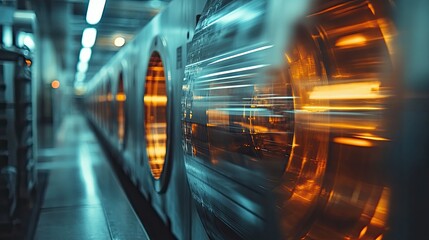 Fototapeta premium Industrial machinery, high-speed production line with glowing rollers.