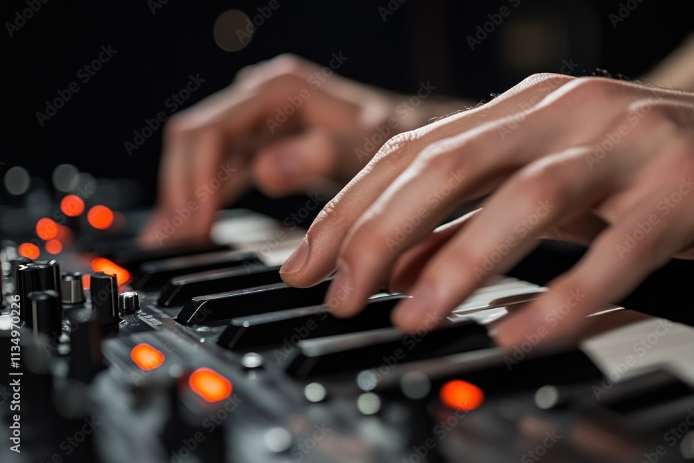 Poster close-up of hands playing a synthesizer keyboard.